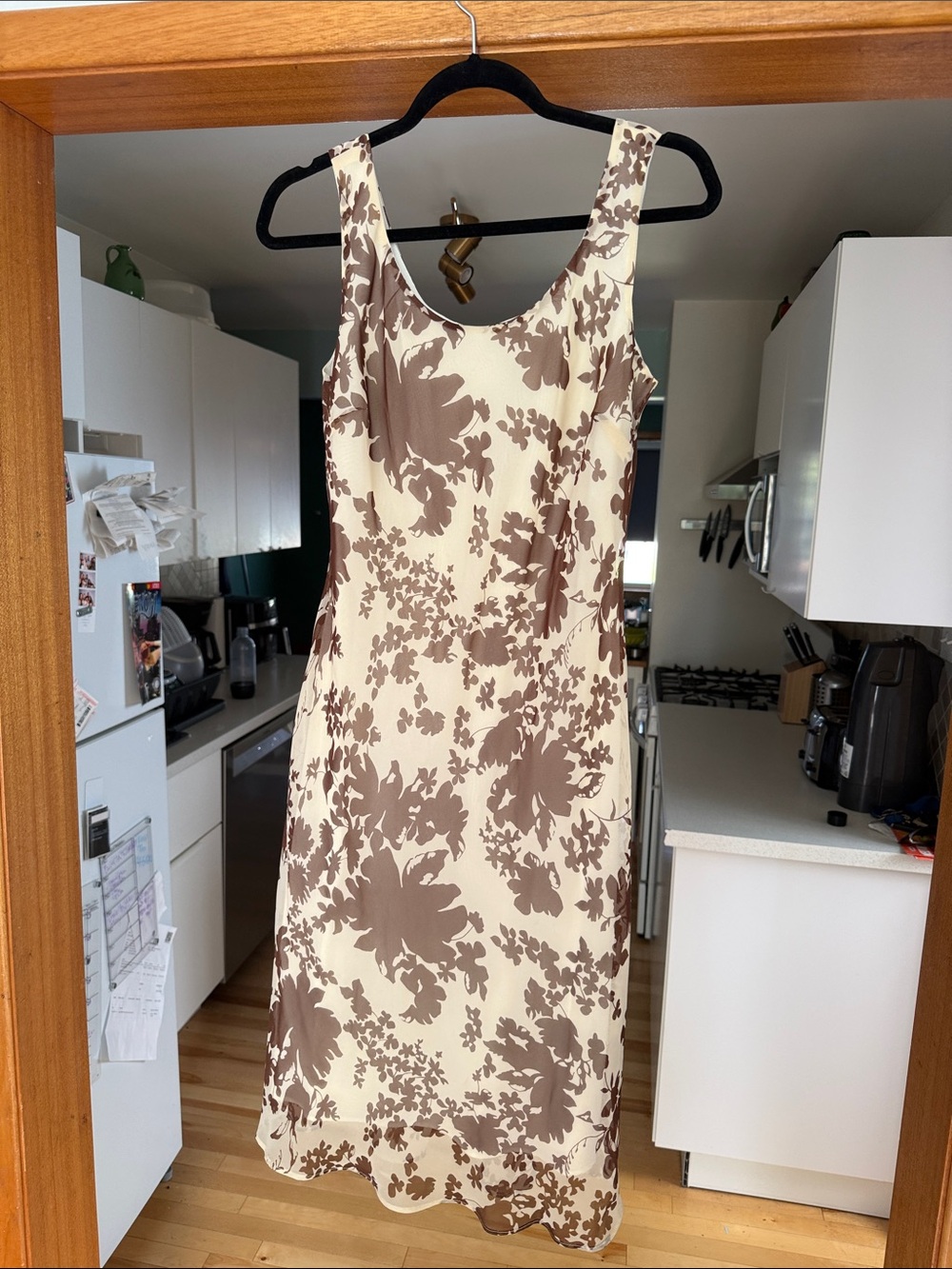 Sleeveless Cream Midi Dress with Brown Floral Print